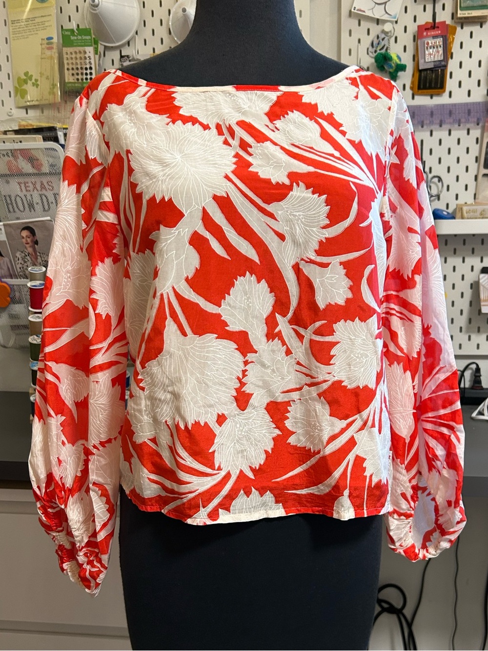 Club Monaco Red and White Silk Floral Boatneck Blouse
